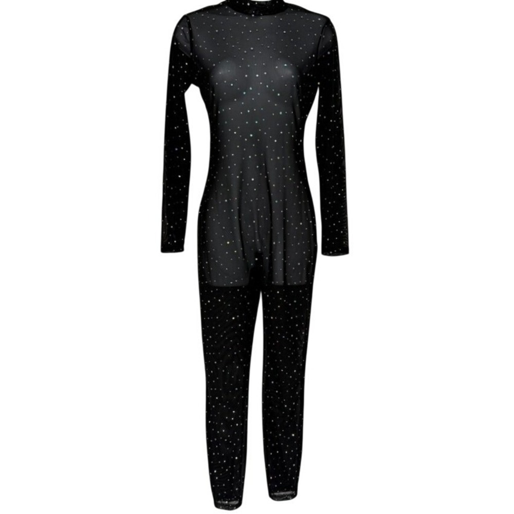 Black Sheer Mesh Rhinestone Jumpsuit Long Sleeve Sparkly‎ Catsuit Euphoria Rave